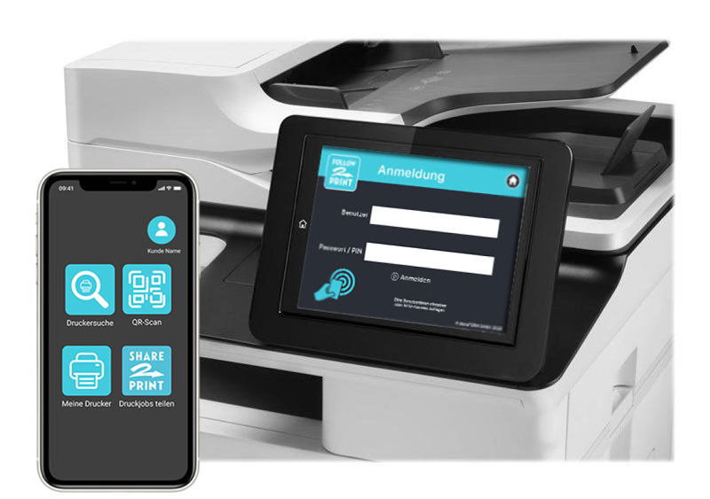 MFP mit Follow2Print App und Smartphone mit Mobile Printing App